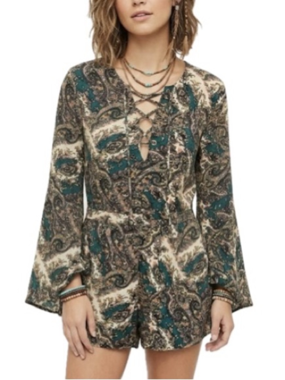Sun & Shadow Paisley Printed Romper Womens Size M Lace Up Front Long Bell Sleeve